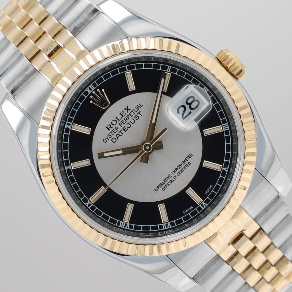 Rolex Datejust 36 Two Tone Tuxedo Dial Fluted Bezel Super Jubilee Band 116233